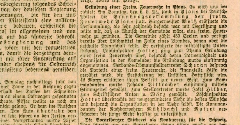 Die Innsbrucker Nachrichten berichten am 9. April 1924 von der „Gründung einer Freiw. Feuerwehr in Pfons."